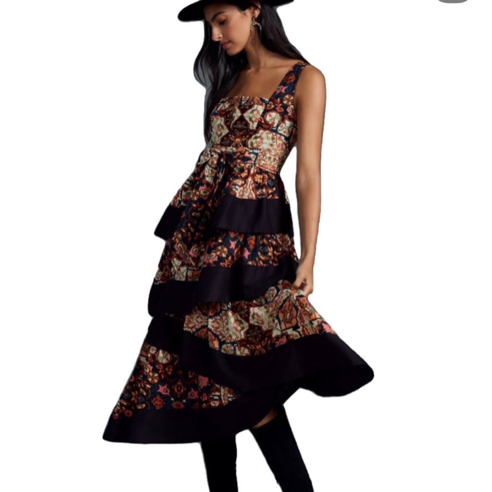 Anthropologie Floral Print Square Neck Tiered Midi Dress